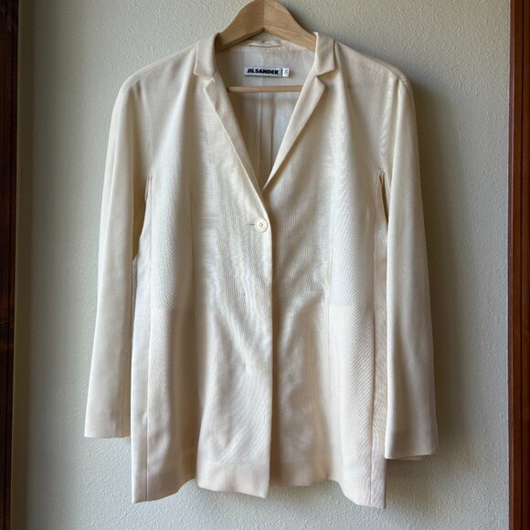 EUC Jil Sander 100% Wool Lightweight Blazer Cream White Size 4 Pockets Italy